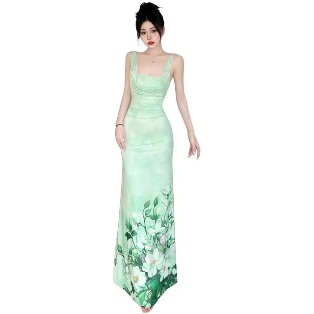 小卷要加油 植物花卉印花长裙吊带连衣裙 女款