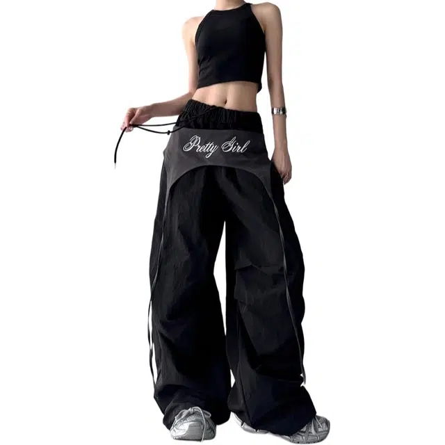 哒头下雨不愁 美式设计感撞色绑带弯刀裤女夏季街头嘻哈跳舞伞兵速干裤裤子 女款