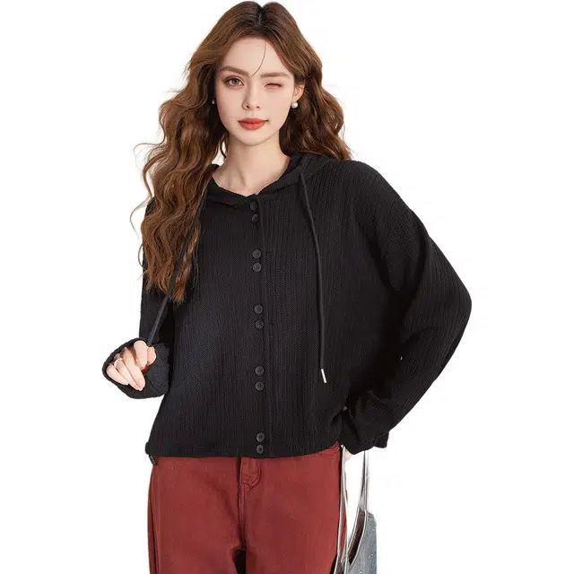 法文箱子 纯色落肩袖长袖连帽针织衫 女款