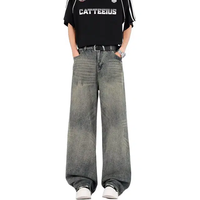 沃马 美式高街潮流舒适简约宽松直筒牛仔裤 男女同款