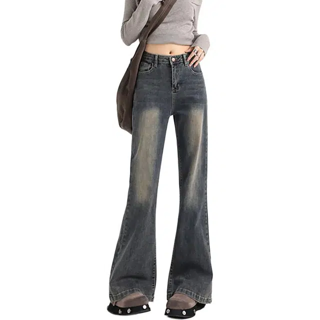 如续 美式做旧高腰设计修身微喇百搭不贴腿喇叭拖地牛仔裤 女款
