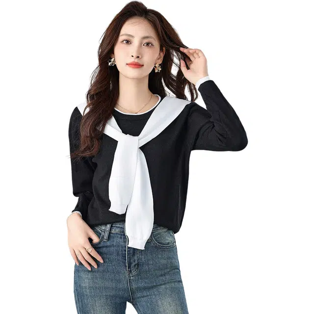 爱依莲 洋气设计感小众别致百搭披肩高级感气质时尚假两件上衣长袖针织衫 女款 黑色