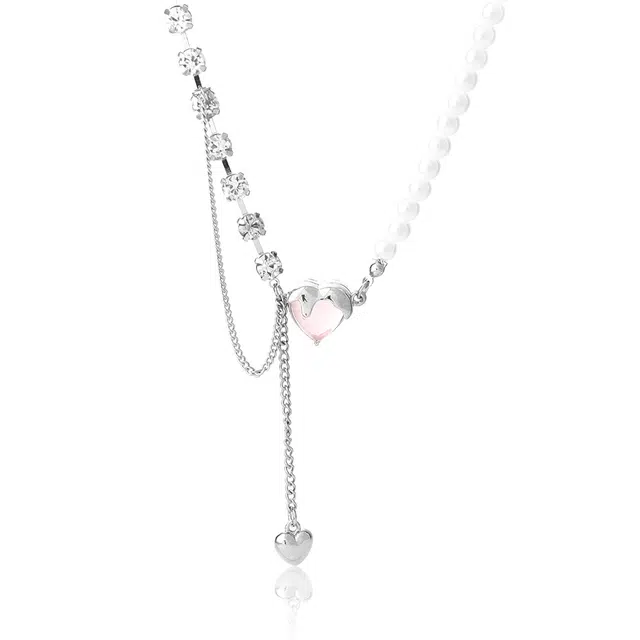 克兰茜 粉色爱心 甜酷珍珠流苏 甜美气质高级感个性锁骨链 轻奢小众辣妹巴洛克休闲通勤风配饰 送礼女友闺蜜 水钻 项链 女款 礼盒装