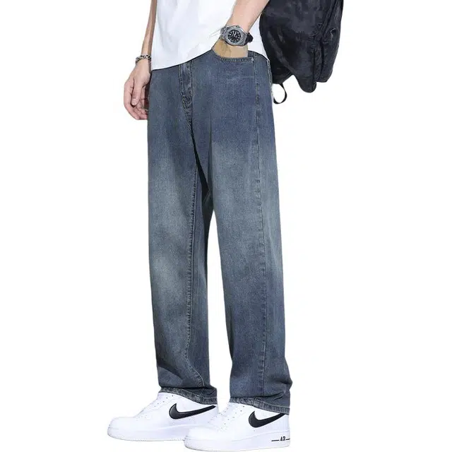 协协乐 夏季凉感透气高街宽松直筒休闲潮牌渐变长裤子牛仔裤 男款