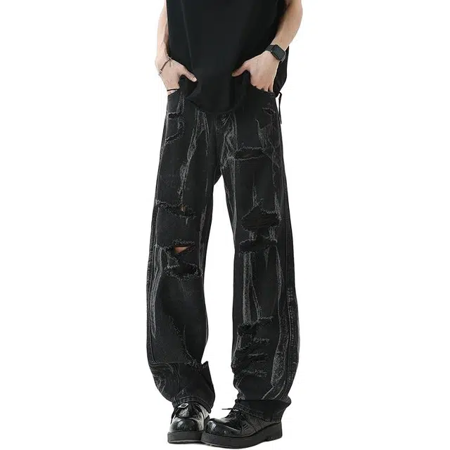 宝米卡 美式高街破洞宽松扎染百搭潮牌牛仔裤 男女同款