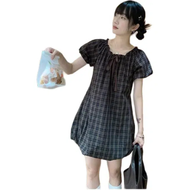 哒头下雨不愁 小众甜美泡泡袖花苞短袖连衣裙 女款