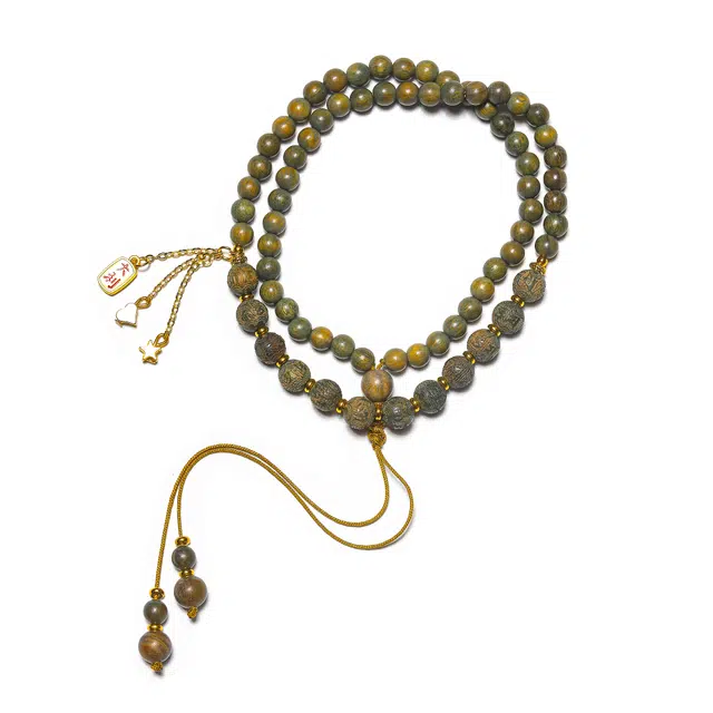 灵晔 顺丰包邮 新中式精工雕刻双圈叠戴轻奢感手持 大吉大利招财纳福转运古风佛珠 绿檀 项链 男女同款情侣款