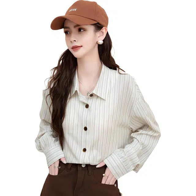 法文箱子 宽松通勤长袖衬衫 女款 杏色间条