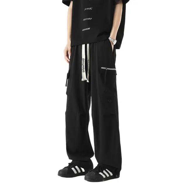 敦煌博物馆 美式复古高街抽绳大口袋垂坠感户外褶皱伞兵裤大码冰丝薄款透气宽松休闲百搭速干直筒工装裤 男女同款