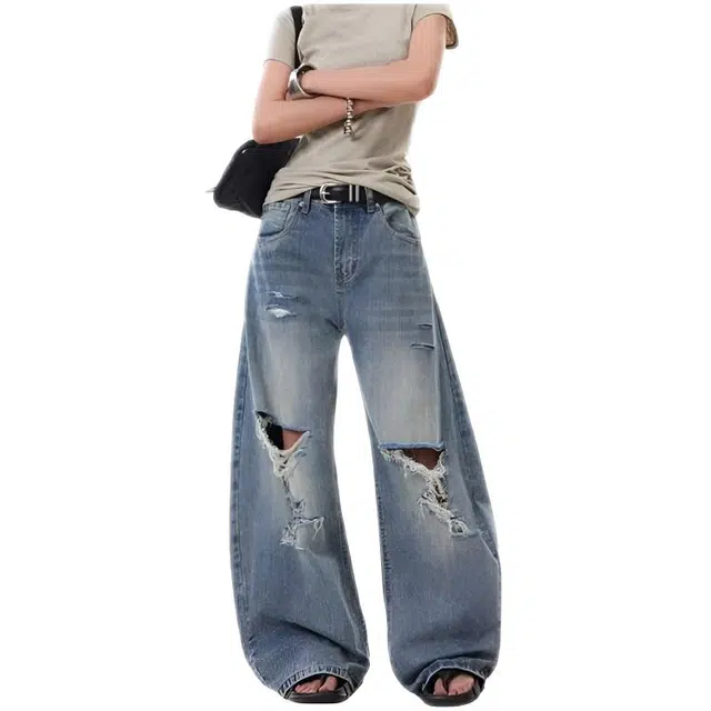 天才小熊 潮流时尚美式复古做旧破洞垂感休闲宽松直筒长裤牛仔裤 女款