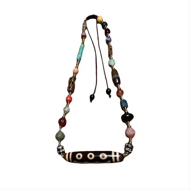 玉临门 新中式民族风风化马蹄纹老五眼天珠朱砂供星月五路财 玛瑙 项链 男女同款情侣款  送 男 女朋友 七 夕礼 物 礼盒包装