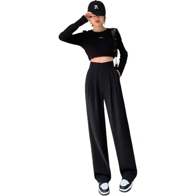 缪斯的诱惑 高级感西装裤高腰垂感阔腿裤宽松双扣窄版拖地长裤休闲裤 女款