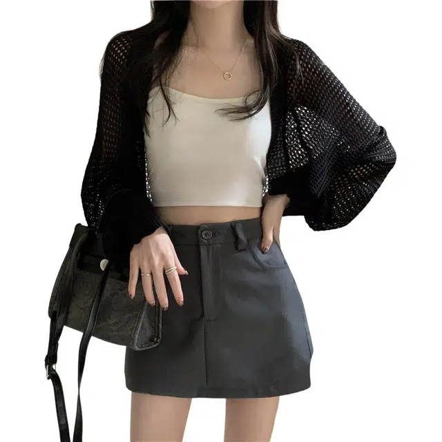 缪斯的诱惑 薄款纯色镂空舒适休闲长袖针织衫 女款