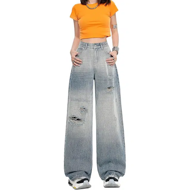 如续 美式复古破洞女宽松水洗直筒裤休闲拖地裤垂感时尚高腰百搭款式牛仔裤 女款