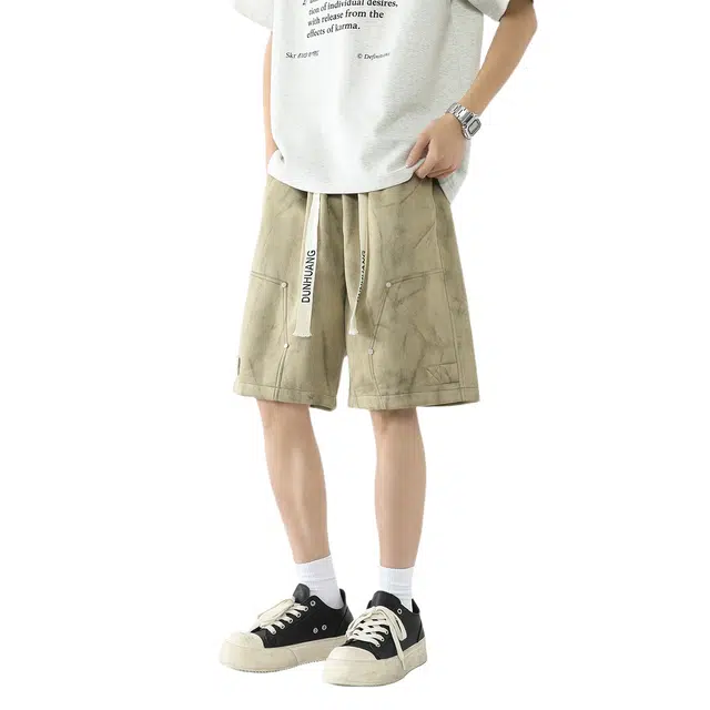 敦煌博物馆 美式高街复古扎染铆钉抽绳系带五分日常通勤大码百搭宽松透气舒适垂感直筒休闲短裤 男女同款