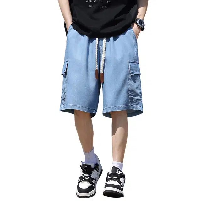 顶峰保罗 宽松大码百搭直筒工装薄款五分裤无性别主义透气痞帅弹力松紧腰潮牌简约时尚牛仔短裤 男女同款