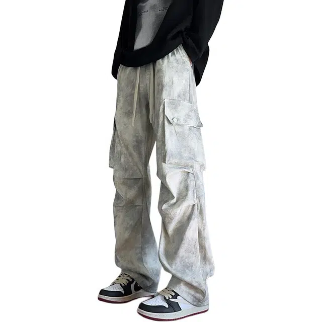 加荣 美式复古扎染薄款褶皱伞兵工装痞帅休闲裤 男女同款