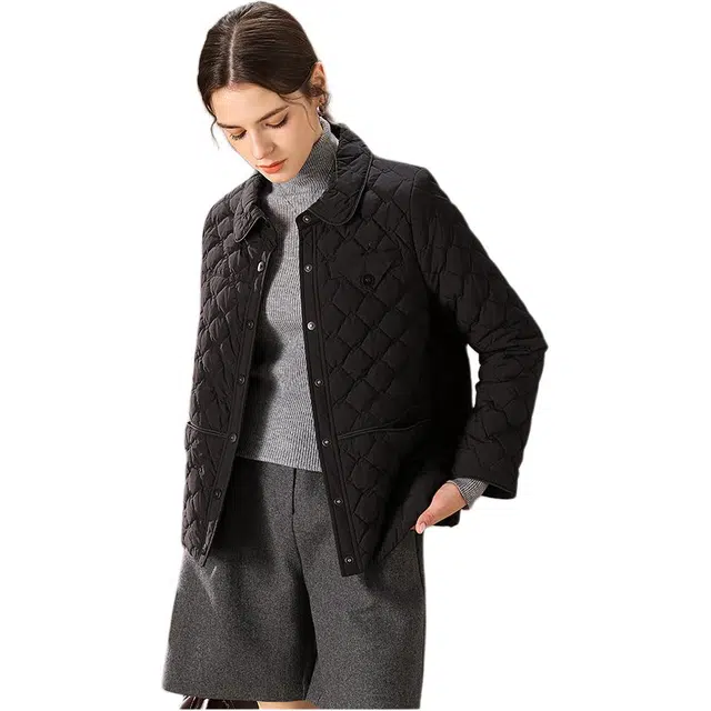 粉红玛琍 纯色翻领单排扣长袖棉服 女款 黑色