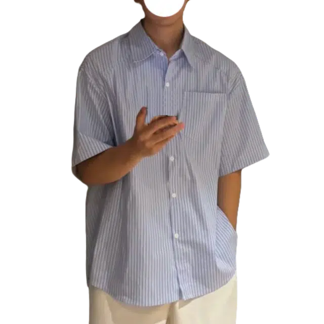 冈哉 美式潮流个性百搭垂感时尚条纹设计简约舒适基础款短袖痞帅衬衣慵懒风外套上衣宽松舒适纯色翻领纽扣衬衫 男女同款