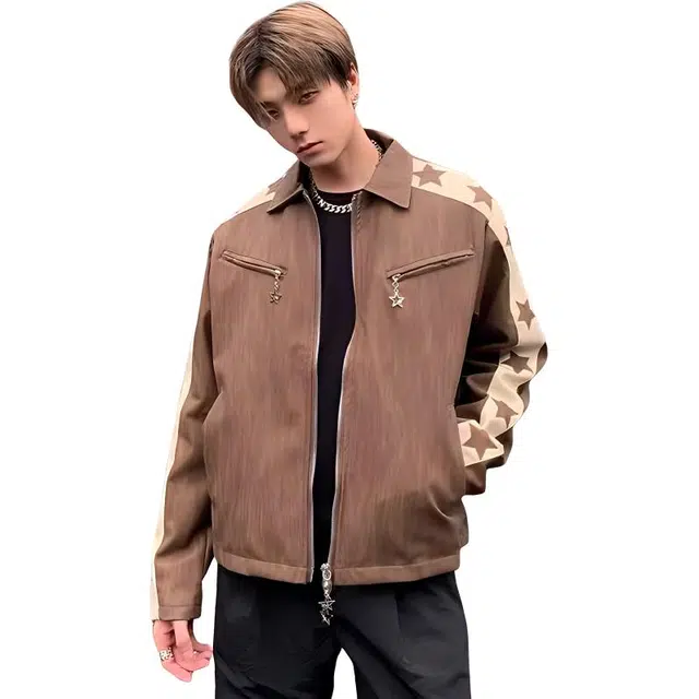 极限涡轮 美式复古星星时尚潮流通勤百搭夹克外套 男女同款 棕色