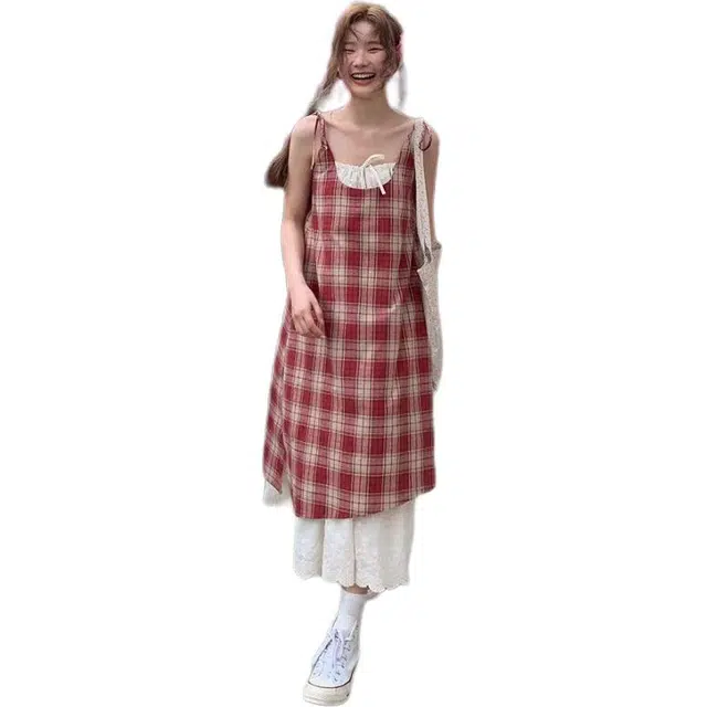 思蓓儿 格纹夏季假两件拼接蕾丝设计长裙吊带连衣裙 女款