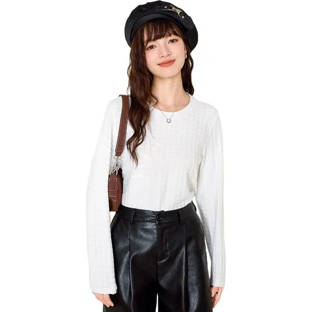 法文箱子 圆领提花休闲长袖针织衫 女款 白色