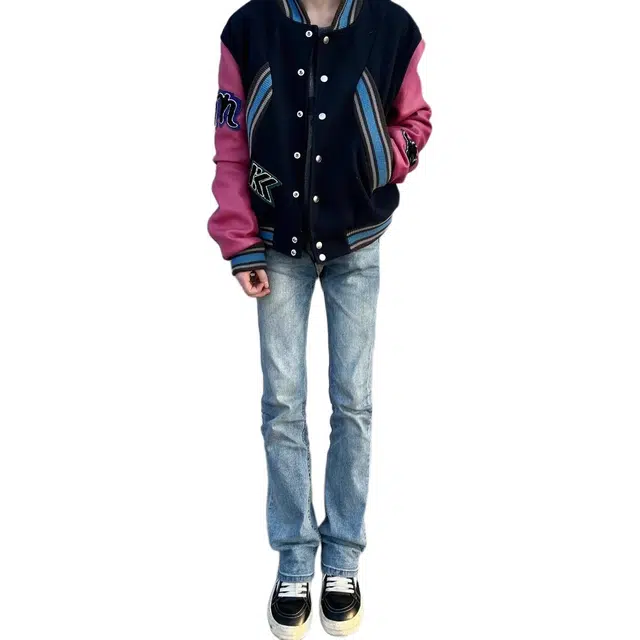 宝米卡 美式复古质感穿搭微喇设计感做旧水洗牛仔裤 男女同款 蓝色