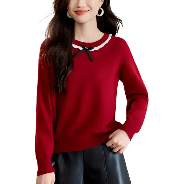 曲韩 圆领宽松套头长袖针织衫 女款 红色