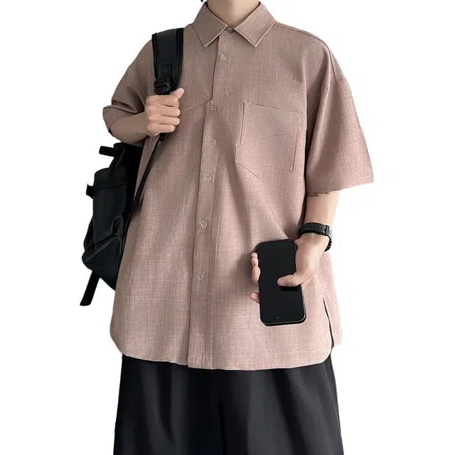 加荣 错位解构宽松休闲纯色简约薄款港风痞帅设计小众潮流短袖衬衫 男女同款