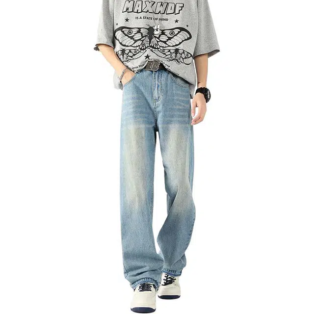 宝米卡 垂感透气雪花水洗美式潮牌宽松直筒牛仔裤 男女同款