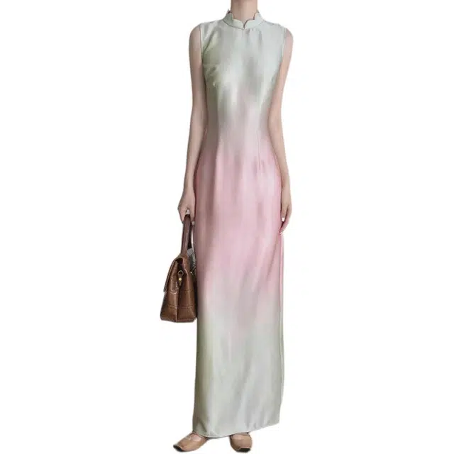 敲模女孩 新中式郁金香改良渐变晕染修身气质长款改良旗袍裙收腰高级感无袖连衣裙 女款