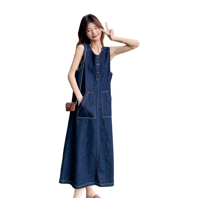 水中花 韩版港风复古宽松气质简约舒适无袖连衣裙 女款