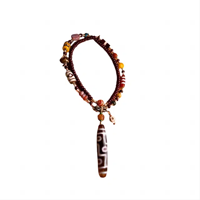 玉临门 国潮民族风黑白分明高油九眼老天珠搭朱砂供星月金刚杵 玛瑙 项链 男女同款情侣款 送 男 女朋友 七 夕礼 物 礼盒包装