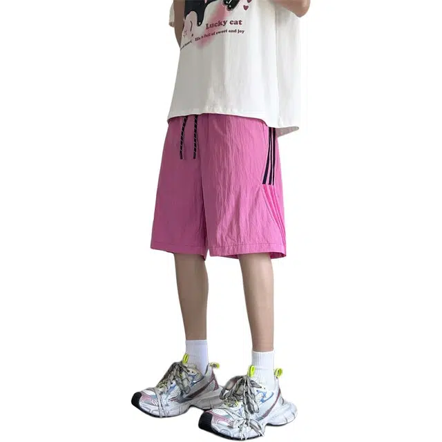 顶峰保罗 凉感冰丝透气速干条纹撞色直筒五分裤美式高街潮牌宽松运动百搭舒适阔腿休闲短裤 男女同款