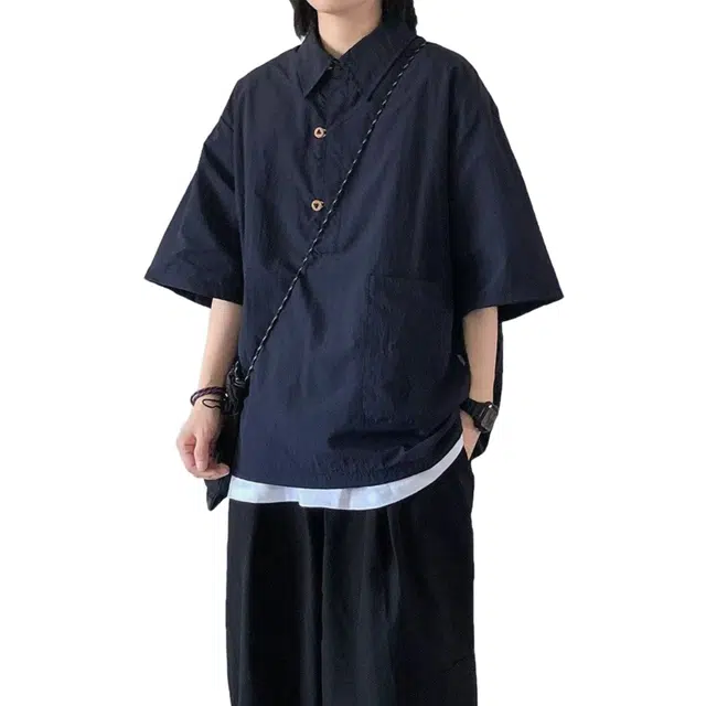 一碗士多 日系复古纯色宽松工装五分休闲衬衣短袖衬衫 男款