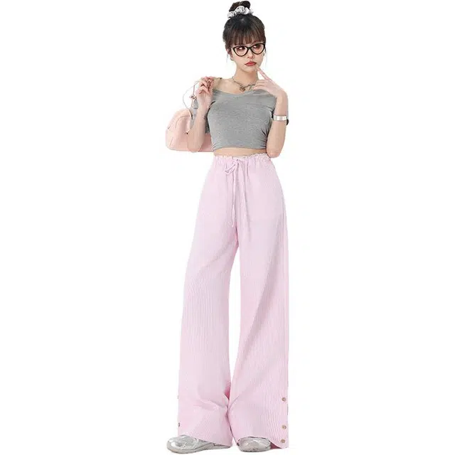 玫丝朵 美式抽绳蕾丝拼接设计时尚百搭多巴胺甜美风条纹拖地休闲裤 女款