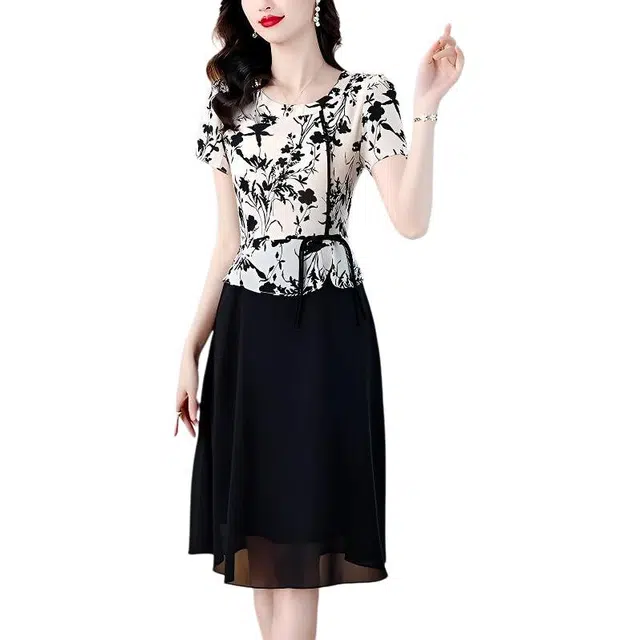 缪斯的诱惑 妈妈装假两件简约洋气减龄中长裙短袖连衣裙 女款