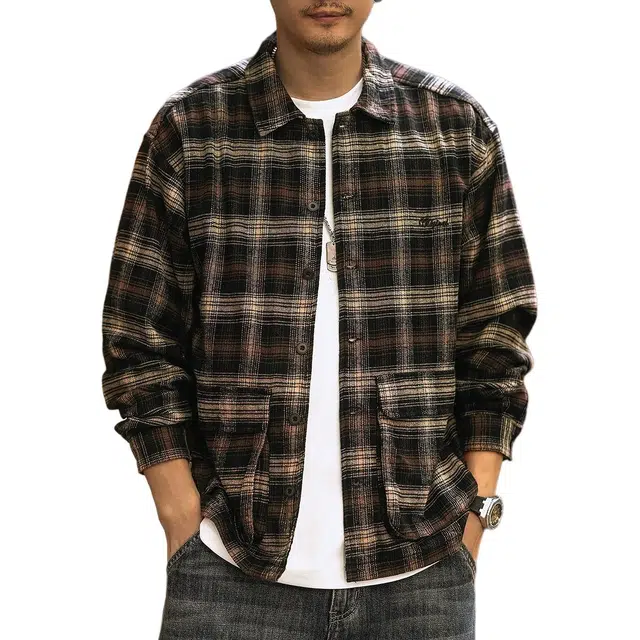 格蓝鹿 美式休闲日系修身复古格子长袖衬衫 男女同款