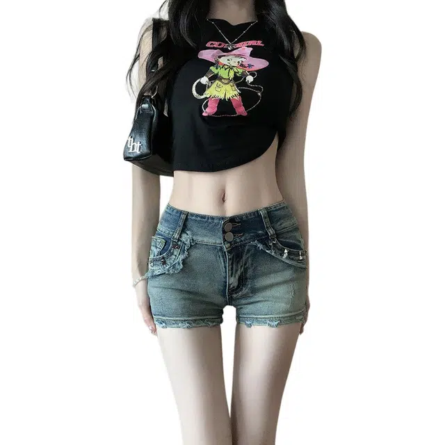 哒头下雨不愁 美式辣妹低腰修身显瘦包臀热裤牛仔短裤 女款