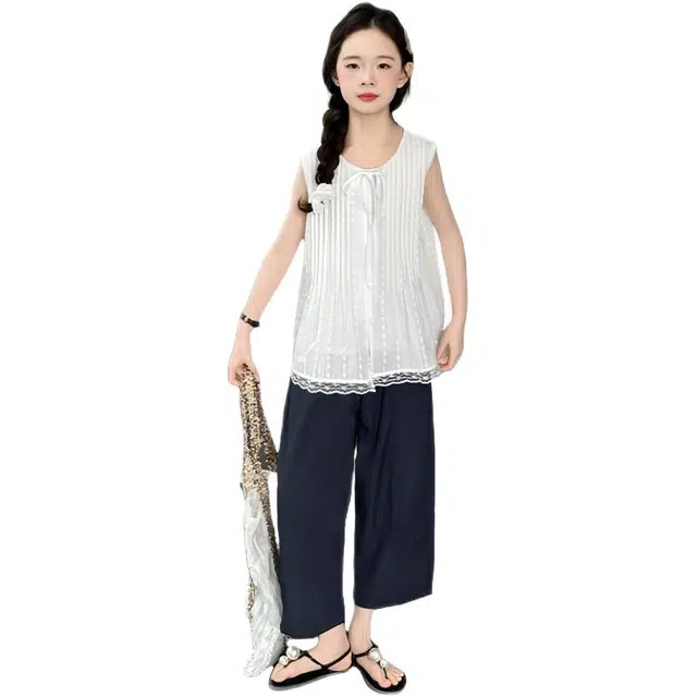 天才小熊休闲运动套装 女童夏季大童潮牌小孩衣服 小女孩 蕾丝背心阔腿裤 洋气时髦 漂亮 甜美 儿童款