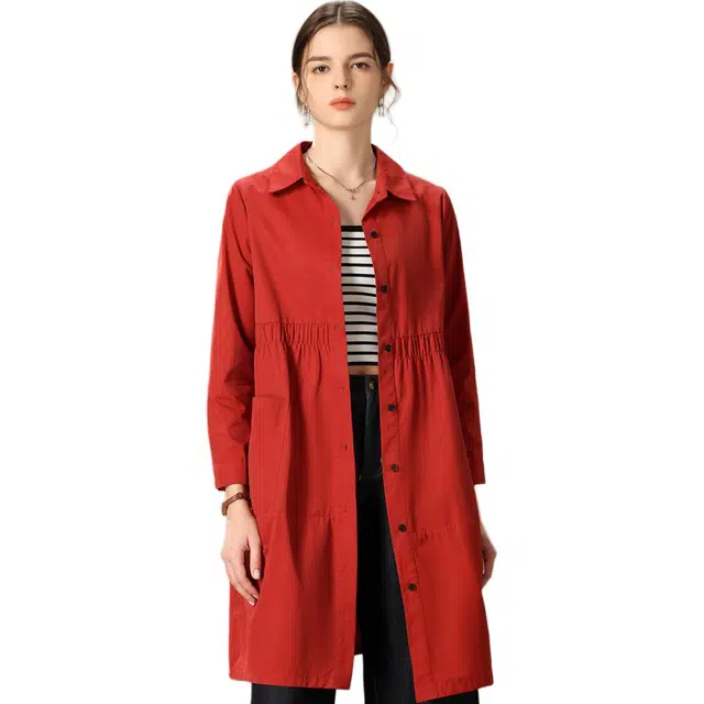 粉红玛琍 纯色简约长袖风衣 女款 红色