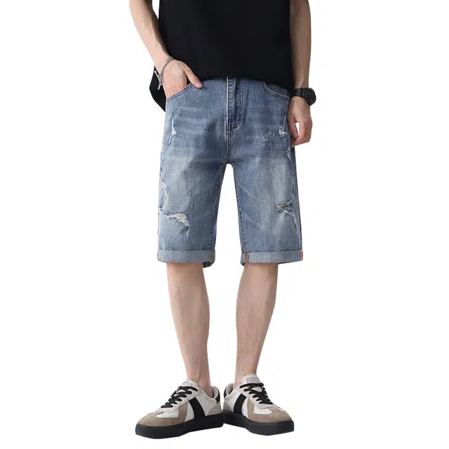 协协乐 薄款美式潮牌破洞五分韩版牛仔短裤 男款