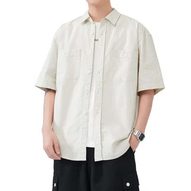 帝狼牛 日系纯色极简风潮流运动透气宽松通勤百搭短袖衬衫 男女同款