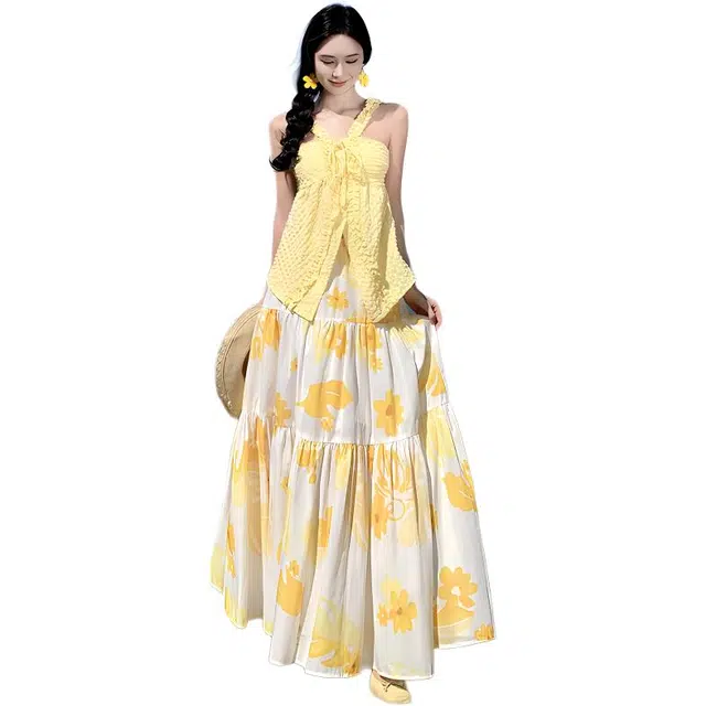 小菊川栗 时尚简约吊带舒适百搭休闲半身裙裙装套装 女款 黄色