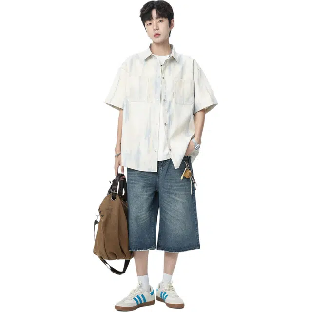 瑞梵帝斯 韩版复古扎染印花时尚休闲学院风小众设计随性慵懒感无性别主义宽松百搭轻薄凉爽透气日常通勤翻领短袖男生衬衫 男款