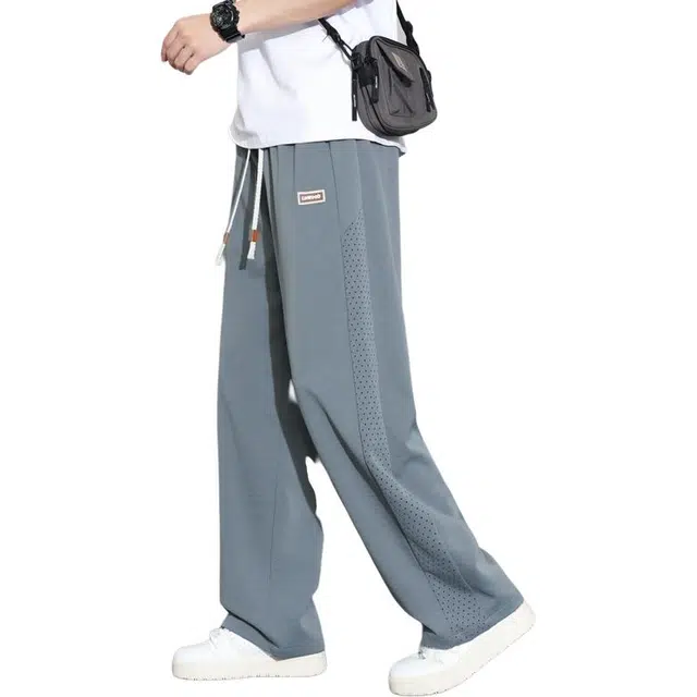 顶峰保罗 冰丝薄款网眼透气抽绳阔腿长裤子宽松百搭简约凉感速干情侣潮流直筒运动休闲裤 男女同款