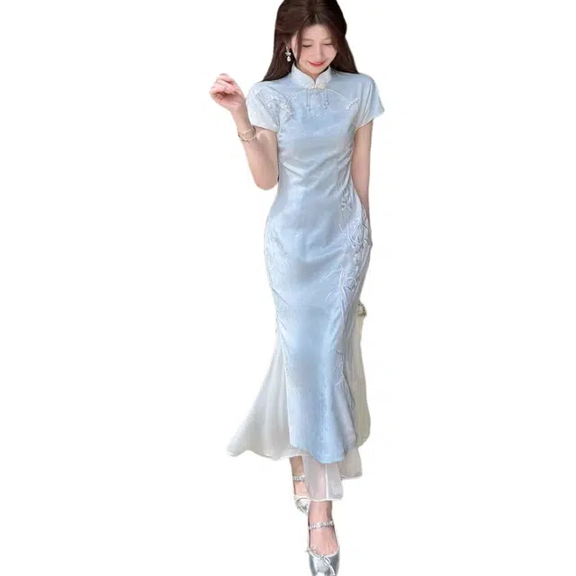 丝絮丝绸 夏季新中式晕染提花收腰刺绣修身显瘦改良全包边旗袍裙女短袖连衣裙 女款