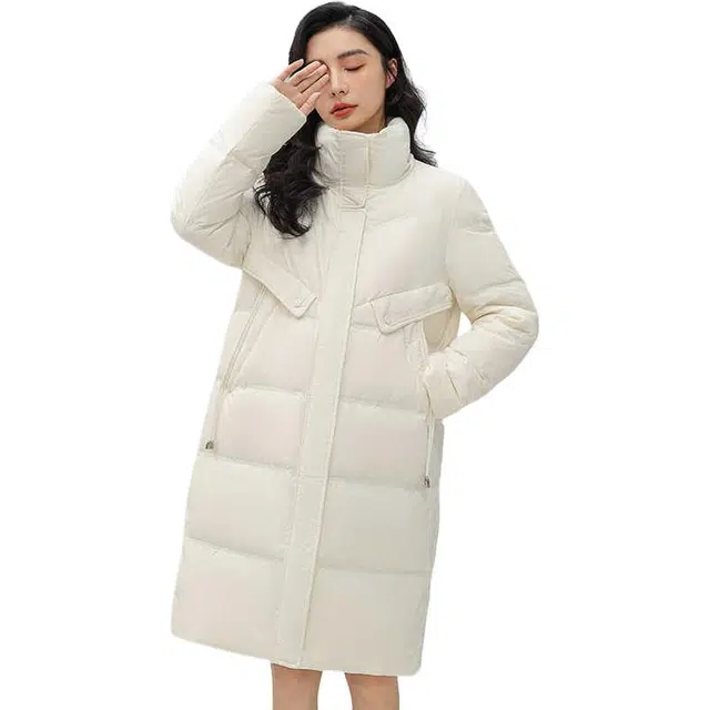 鸭鸭 纯色拉链修身立领中长款羽绒服 女款
