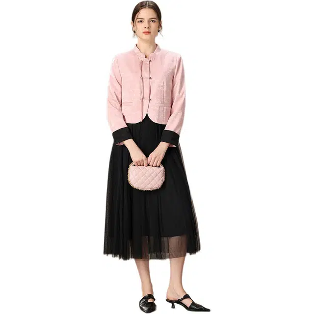 粉红玛琍 立领盘扣外套网纱连衣裙裙装套装 女款 粉色