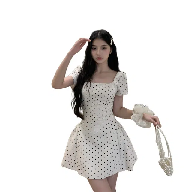 怪力萝莉 甜美杏色波点方领女春夏法式收腰短裙子短袖连衣裙 女款